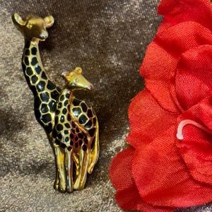 Vintage Black and Gold Spotted Giraffe Brooch Lapel Pin Mother & Baby Giraffe